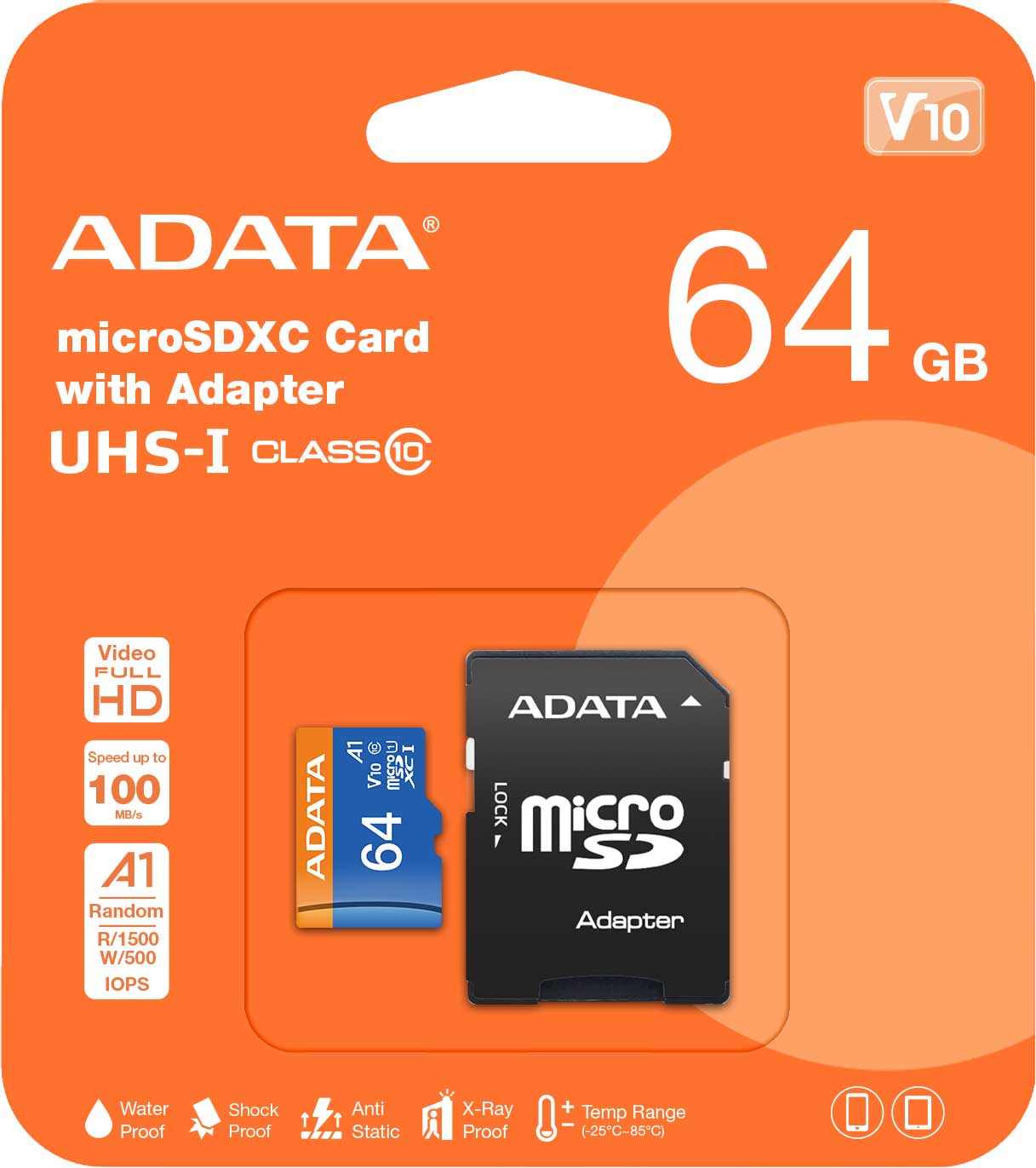 Adata microSDXC pomnilniška kartica, 64 GB, razred 10 / UHS-1 U1, z adapterjem AUSDX64GUICL10A1-RA1 AUSDX64GUICL10A1-RA1