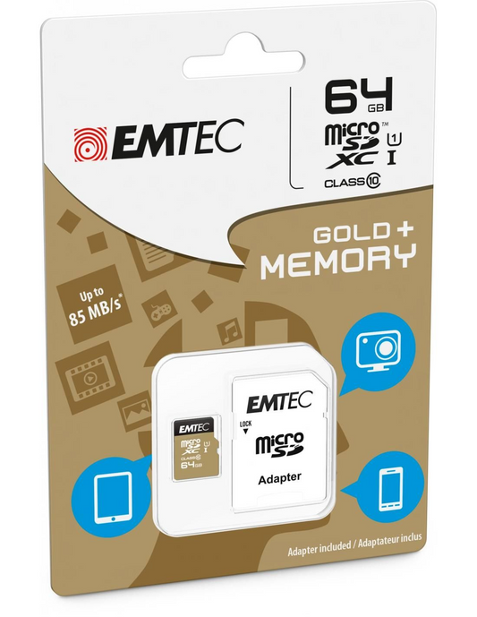 Emtec Gold+ microSDXC Memory Card, 64Gb, Class 10 / UHS-1 U1, With Adapter ECMSDM64GXC10GP