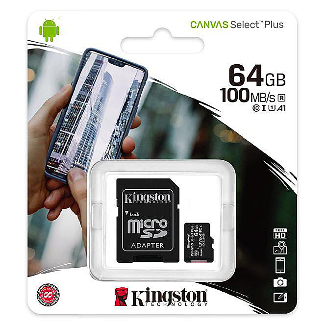 Pomnilniška kartica Kingston Canvas Canvas Select Plus Android A1, 64 GB, razred 10 / UHS-1 U1, microSDXC Kingston Canvas Select Plus Android A1, 64 GB, razred 10 / UHS-1 U1, z adapterjem SDCS2/64GB