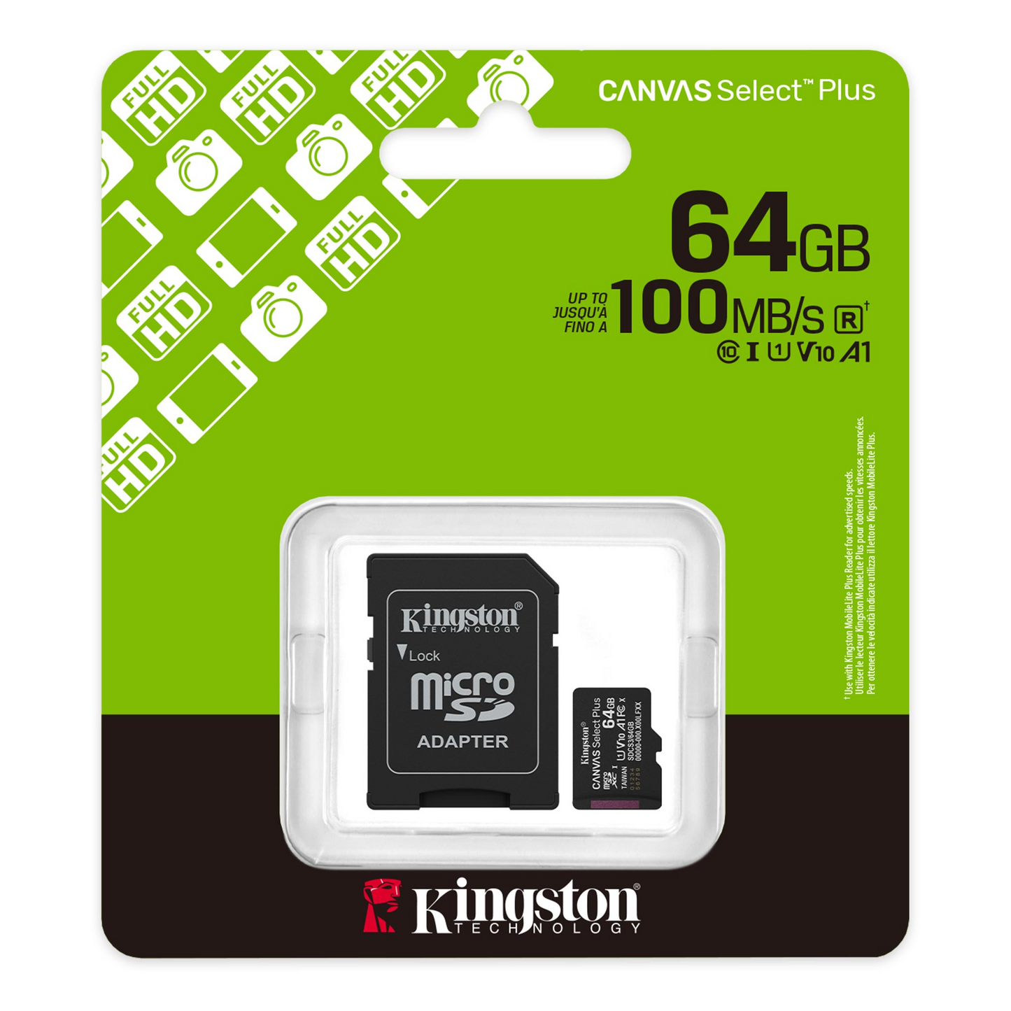 Spominska kartica microSDXC Kingston Canvas Select Plus Android A1, 64Gb, Razred 10 / UHS-1 U1, Z adapterjem SDCS3/64GB