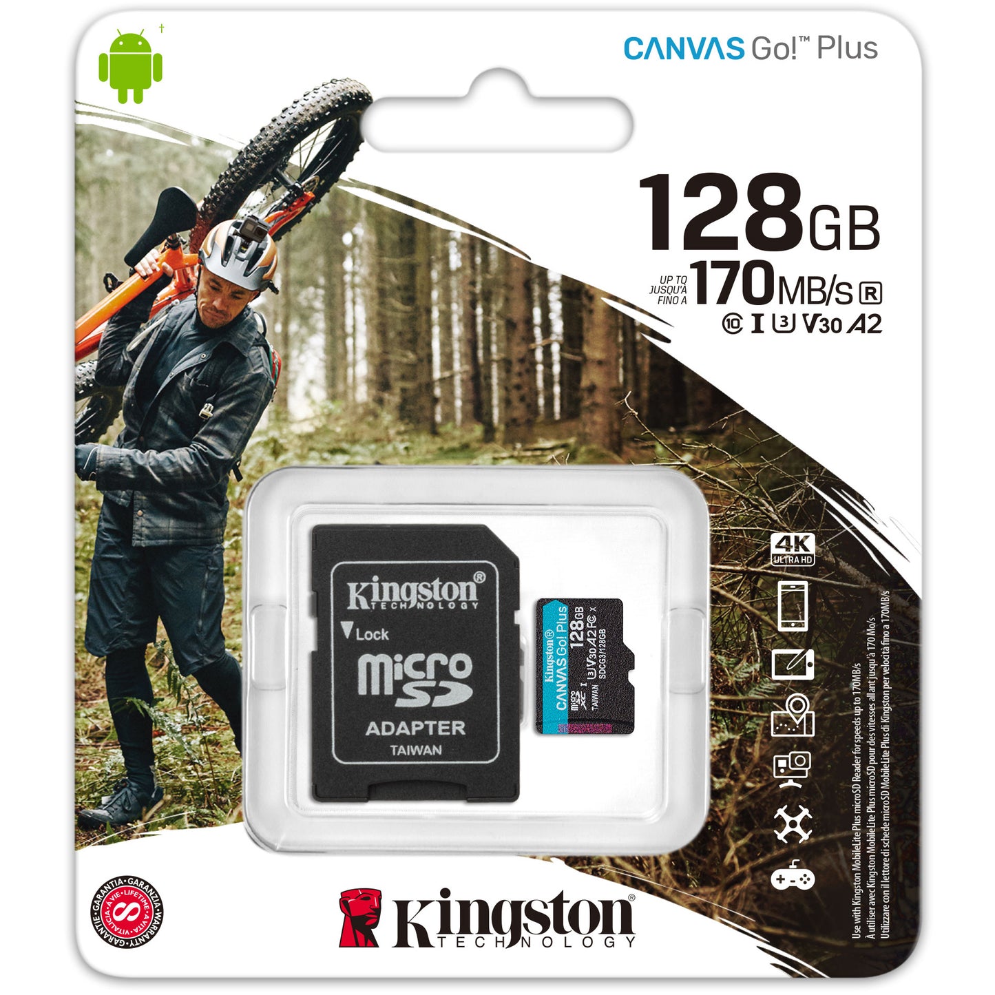 Kartica za pomnilnik microSDXC Kingston Canvas Go Plus Android A2, 128Gb, Razred 10 / UHS-1 U3, z adapterjem SDCG3/128GB