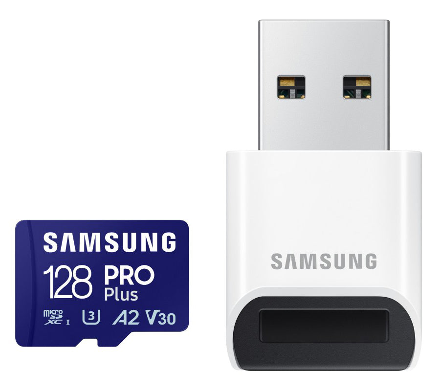 Spominska kartica microSDXC Samsung PRO Plus, 128Gb, Razred 10 / UHS-1 U3, z bralnikom kartic MB-MD128SB/WW