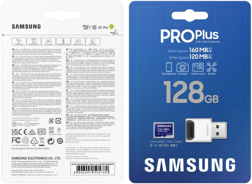 Spominska kartica microSDXC Samsung PRO Plus, 128Gb, Razred 10 / UHS-1 U3, Z bralnikom kartic in adapterjem MB-MD128KB/WW