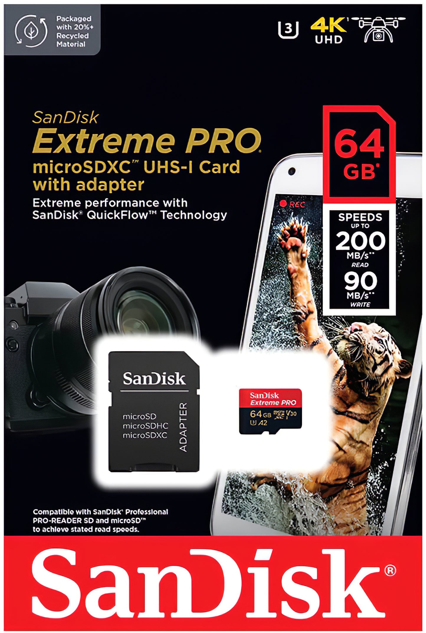 Spominska kartica microSDXC SanDisk Extreme Pro, 64Gb, Razred 10 / UHS-1 U3, Z adapterjem SDSQXCU-064G-GN6MA