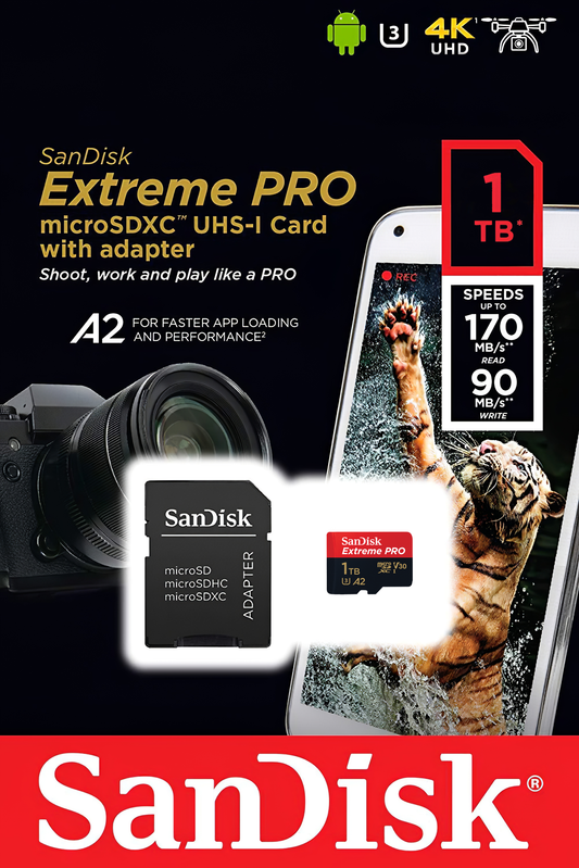 MicroSDXC pomnilniška kartica SanDisk Extreme Pro, 1TB, razred 10 / UHS-1 U3, z adapterjem SDSQXCD-1T00-GN6MA
