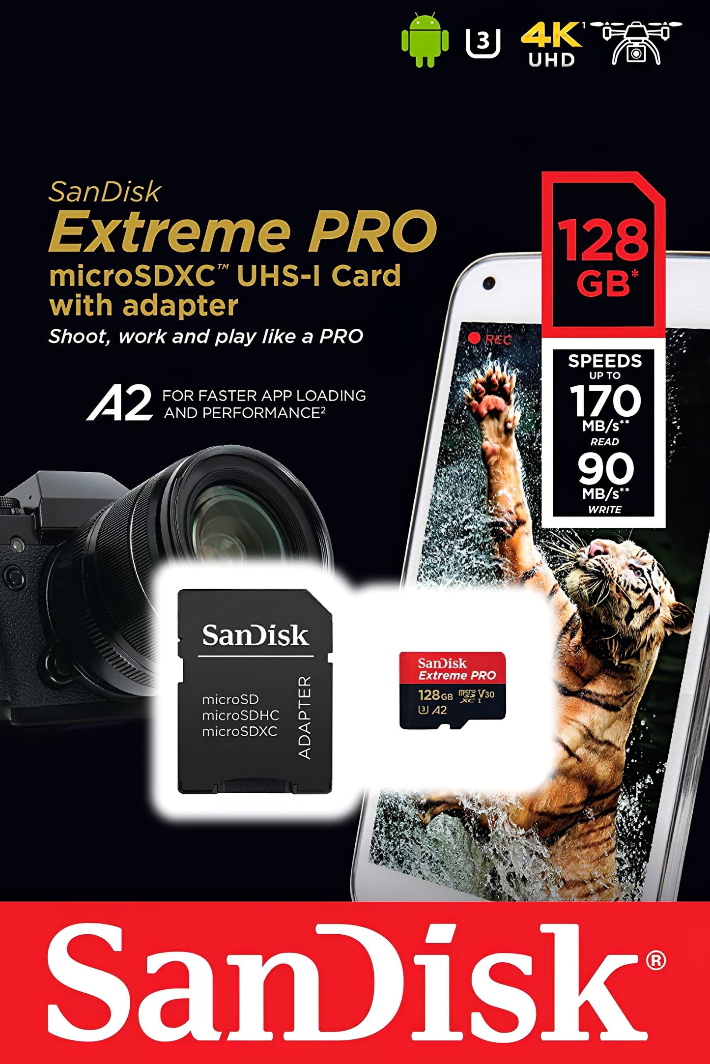 Spominska kartica microSDXC SanDisk Extreme Pro, 128Gb, Razred 10 / UHS-1 U3, Z adapterjem SDSQXCD-128G-GN6MA