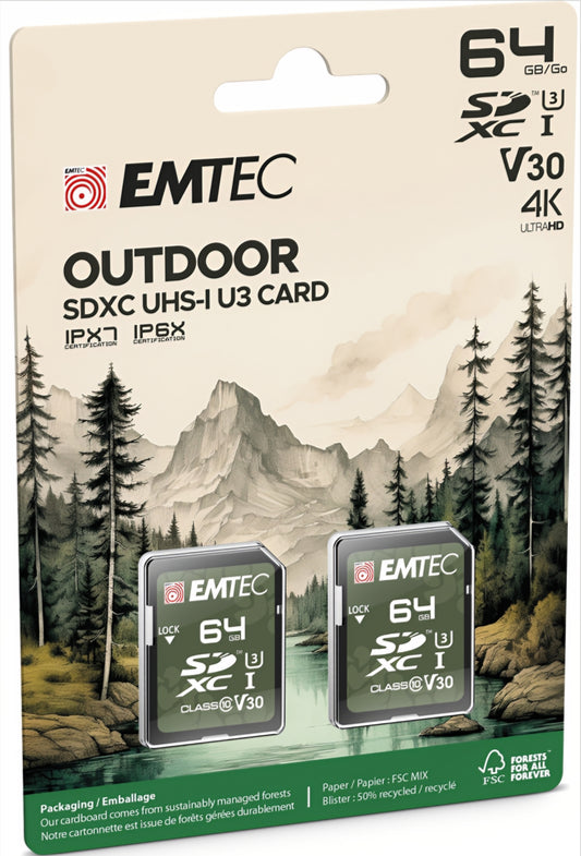 SDXC pomnilniška kartica Emtec Rugged Outdoor, 64GB, razred 10 / UHS-1 U3, komplet 2 kosa ECMSD64GXCU3ORP