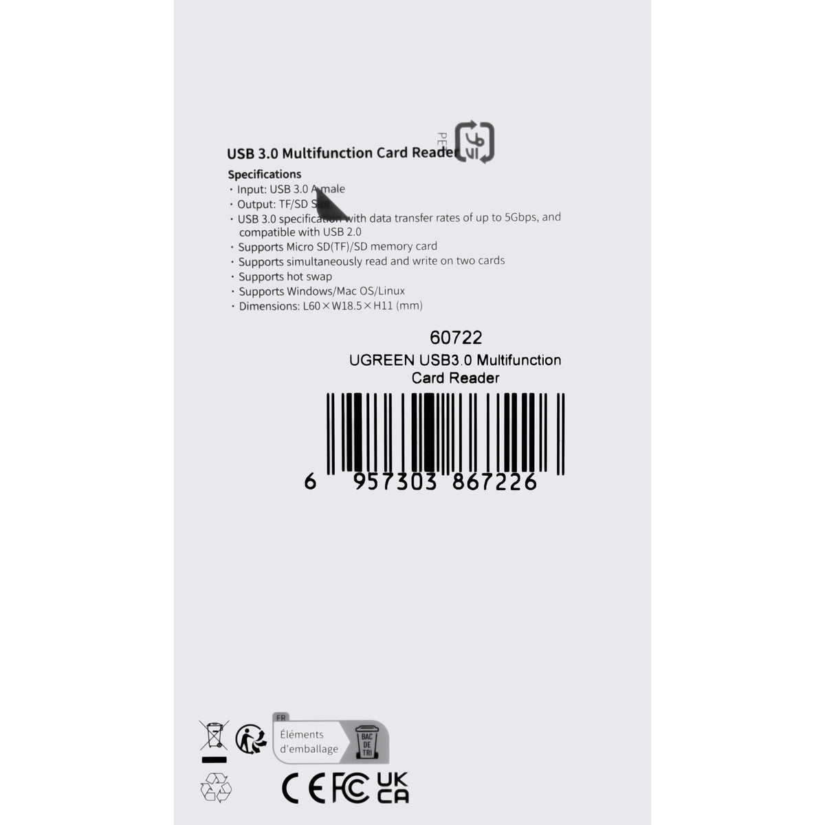 Bralnik kartic USB 3.0 UGREEN CM264, SD - microSD, Črn