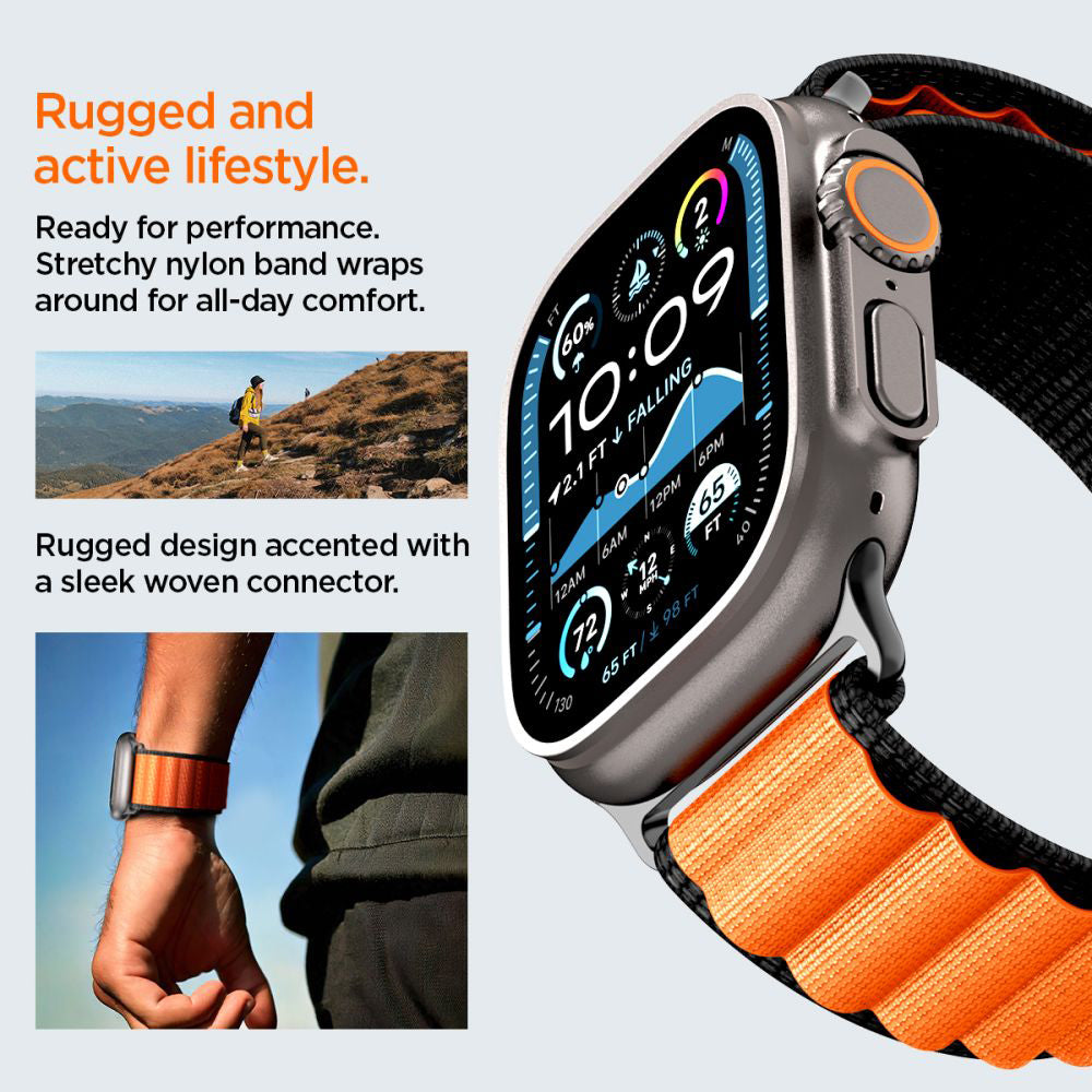 Pas Spigen WBF1 za Apple Watch 49mm / 46mm / 45mm / 44mm Series, Črno Oranžen AMP10145