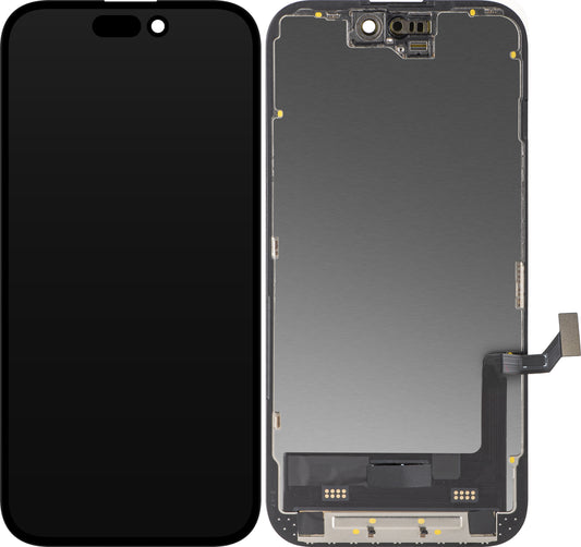 Zaslon na dotik MP, združljiv z Apple iPhone 15, z okvirjem, različica Soft OLED FHD Diagnostic, črn