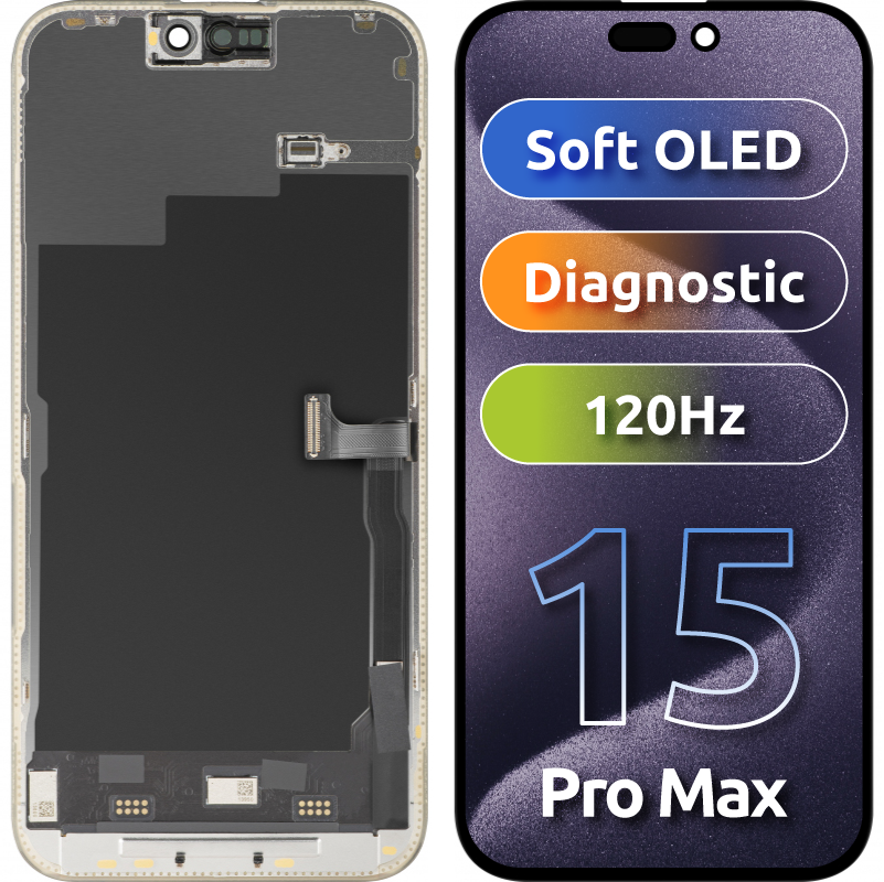 MP Touchscreen Display compatible with Apple iPhone 15 Pro Max, with Frame, Soft OLED FHD 120Hz Diagnostic Version, Black