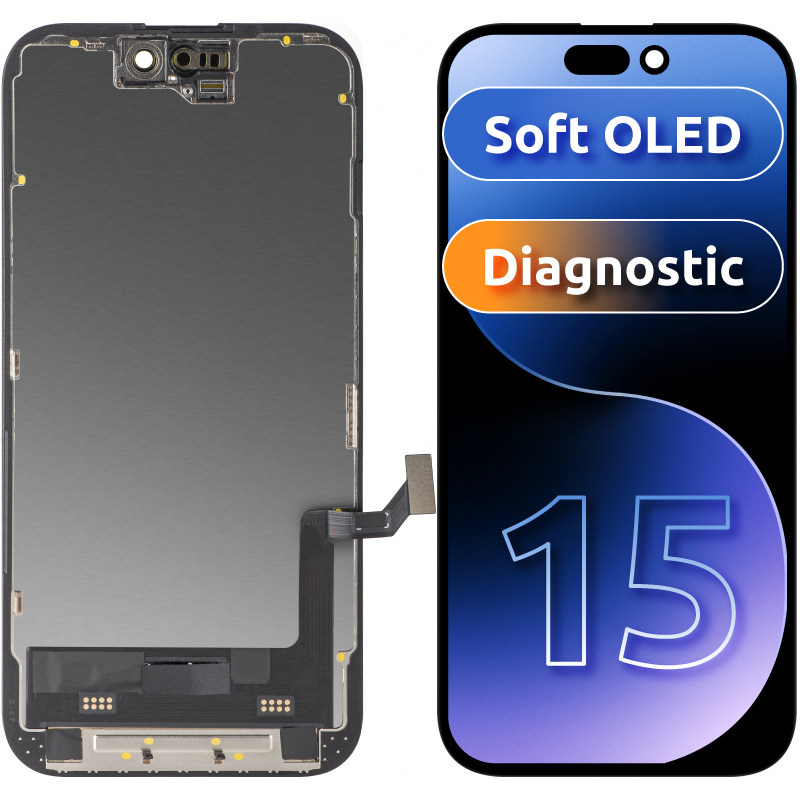 Zaslon na dotik MP, združljiv z Apple iPhone 15, z okvirjem, različica Soft OLED FHD Diagnostic, črn