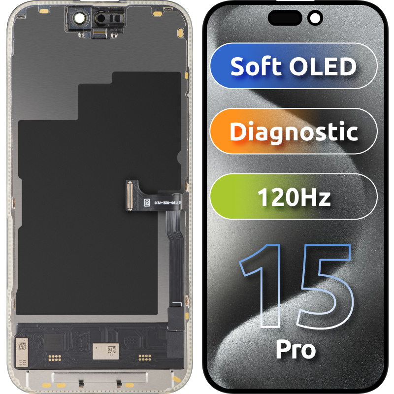 Zaslon na dotik MP, združljiv z Apple iPhone 15 Pro, z okvirjem, različica Soft OLED FHD 120Hz Diagnostic, črn