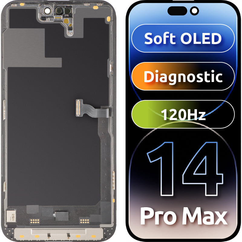 Zaslon na dotik MP, združljiv z Apple iPhone 14 Pro Max, z okvirjem, različica Soft OLED 120Hz FHD Diagnostic, črn