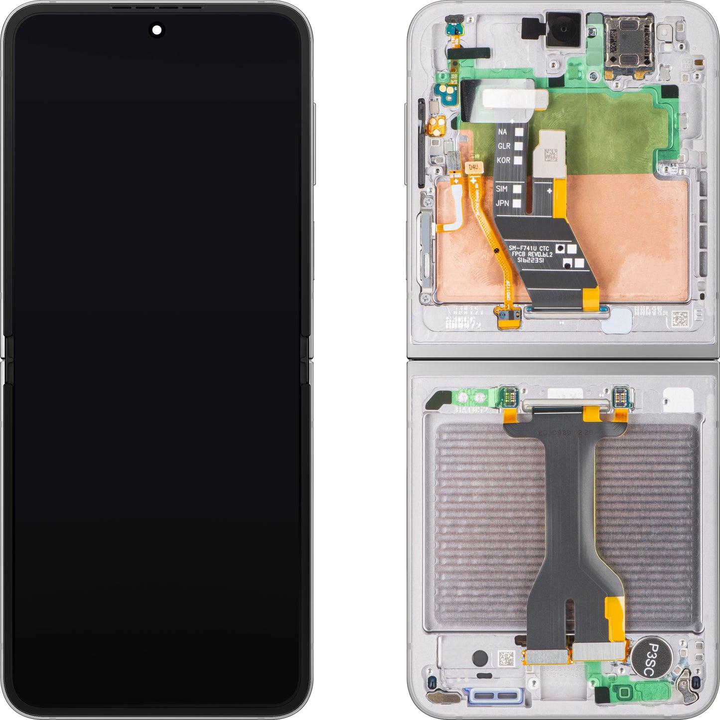 Zaslon s tehnologijo na dotik Samsung Galaxy Z Flip6 F741, z okvirjem, pod notranjim delom, srebrn (Silver Shadow), servisni paket GH82-35013A