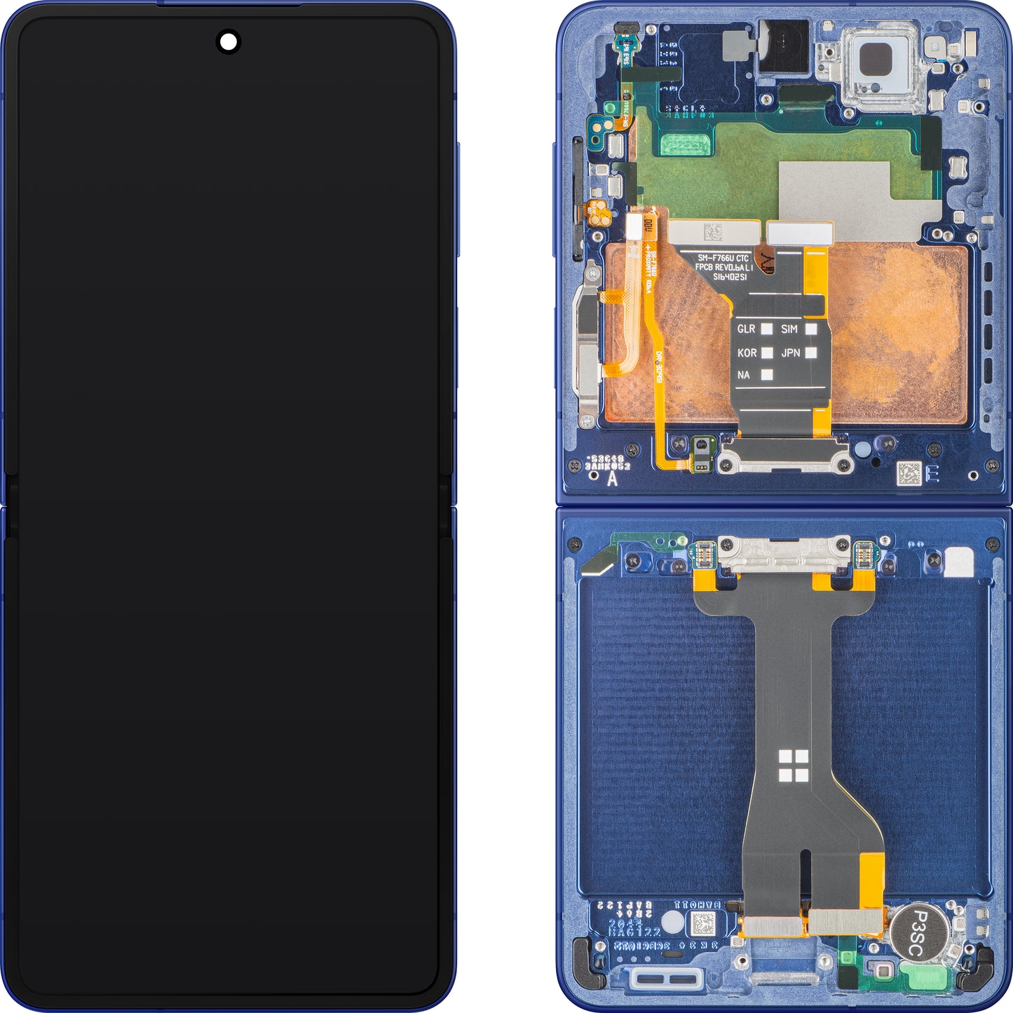 Zaslon s tehnologijo na dotik Samsung Galaxy Z Flip7 F766, z okvirjem, pod notranjim delom, modra (Blue Shadow), servisni paket GH82-37581A