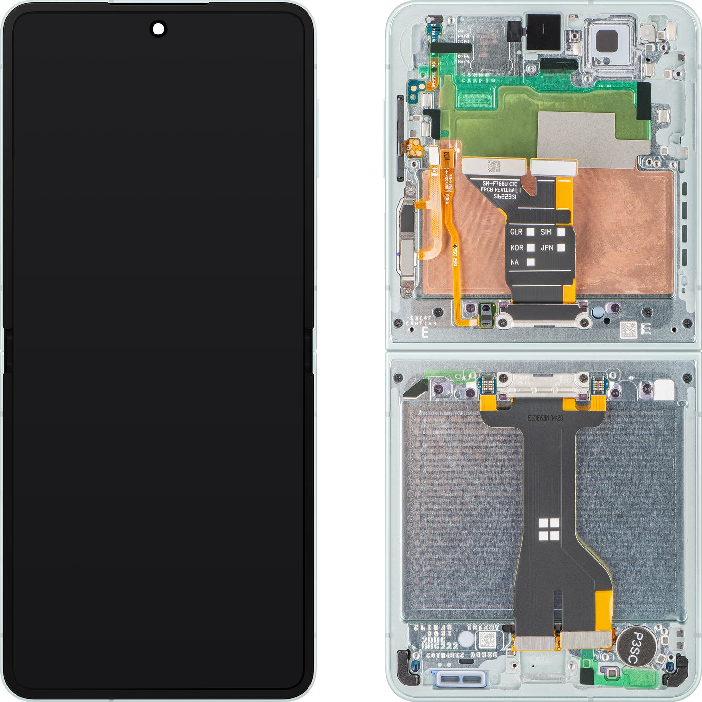 Zaslon na dotik Samsung Galaxy Z Flip7 F766, z okvirjem, pod notranjim delom, zelen (meta), servisni paket GH82-37581E