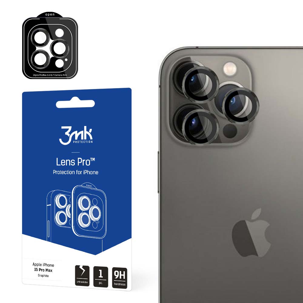 Zaščitna folija za zadnjo kamero 3MK za Apple iPhone 15 Pro Max, Kaljeno steklo, Črna