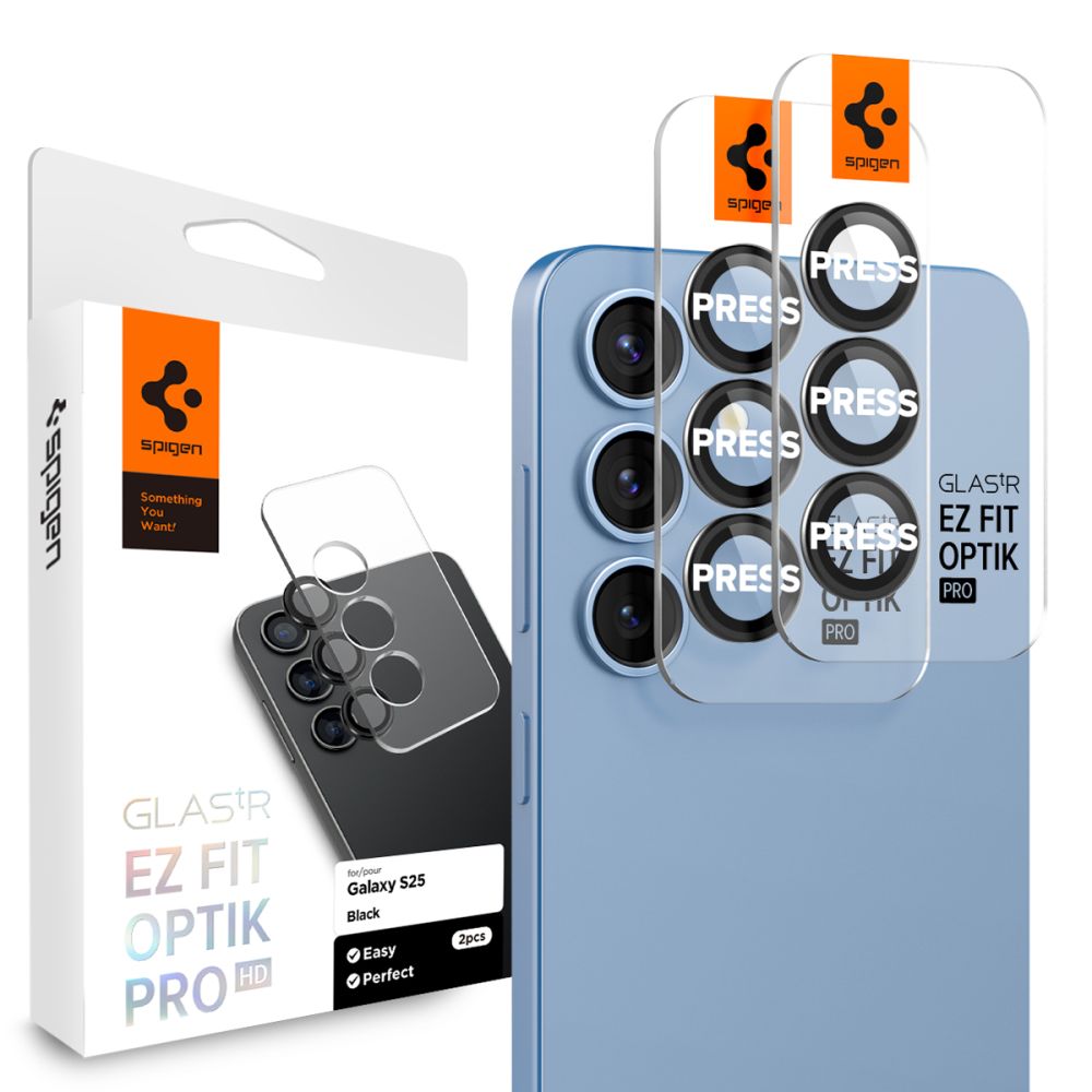 Zaščitna folija za zadnjo kamero Spigen GlastR EZ FIT Optik Pro HD za Samsung Galaxy S25+ S936, Kaljeno steklo, Set 2 kosa, Črna AGL09088