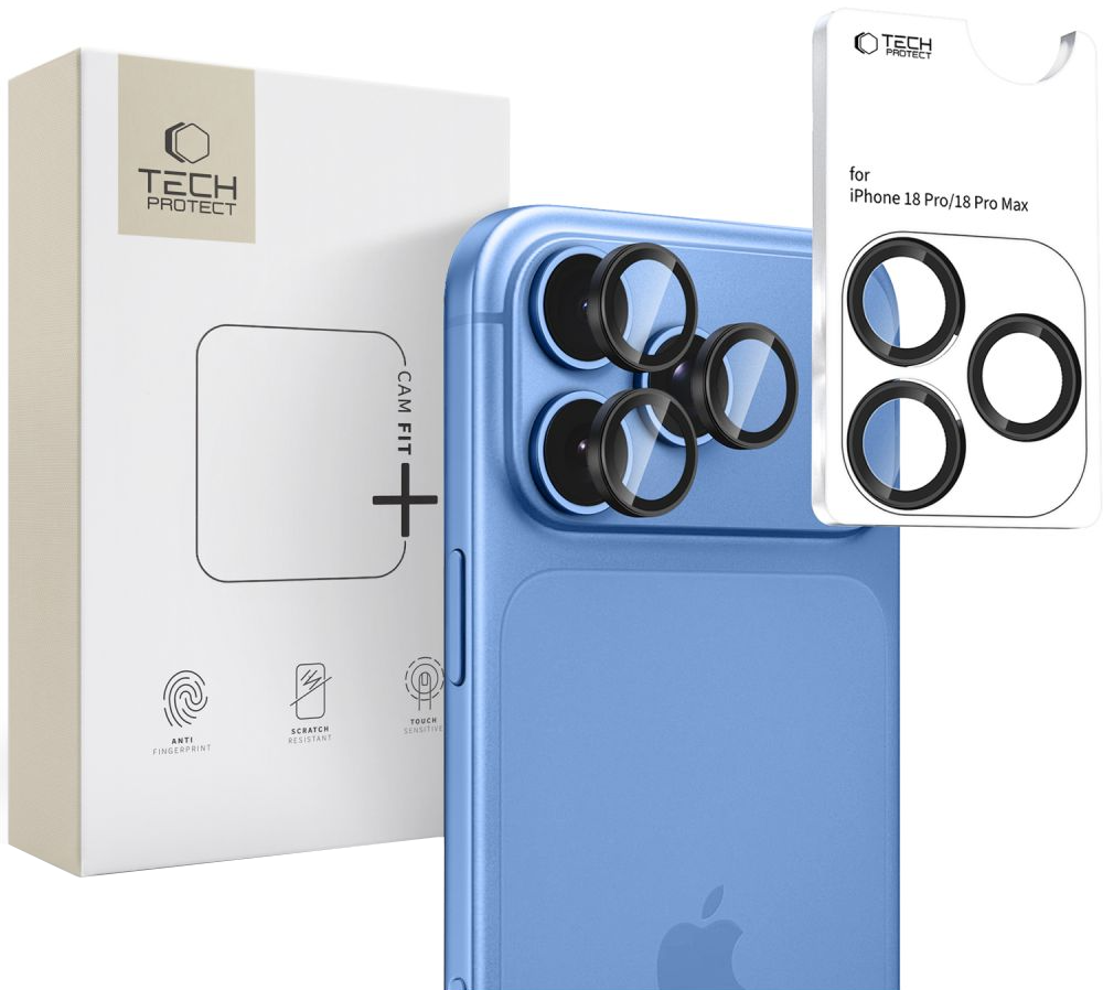 Zaščitna folija za zadnjo kamero Tech-Protect CamRing Fit+ za Apple iPhone 18 Pro / 18 Pro Max, kaljeno steklo, črna
