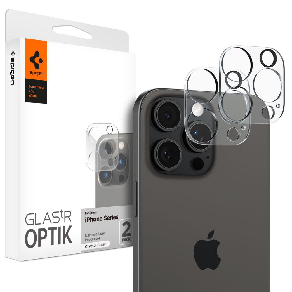 Spigen Optik Zaščitna folija za zadnjo kamero za Apple iPhone 15 Pro Max / 15 Pro, zaščita stekla, polno lepilo, komplet 2 kosa, prozorna