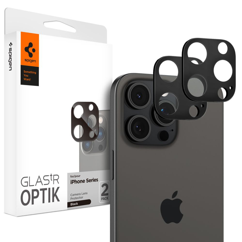 Spigen Optik Zaščitna folija za zadnjo kamero za Apple iPhone 15 Pro Max / 15 Pro, zaščita stekla, polno lepilo, komplet 2 kosa, črna AGL05273
