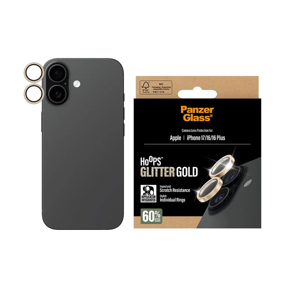 Zaščitna folija za zadnjo kamero PanzerGlass Hoops Glitter za Apple iPhone 17 / 16 Plus / 16, Kaljeno steklo, Zlata