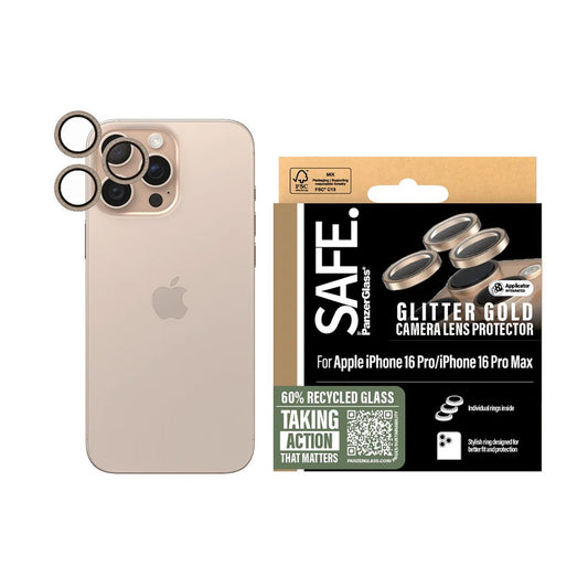 Zaščitna folija za zadnjo kamero PanzerGlass Safe. Bleščice za Apple iPhone 16 Pro Max / 16 Pro, Kaljeno steklo, Zlata