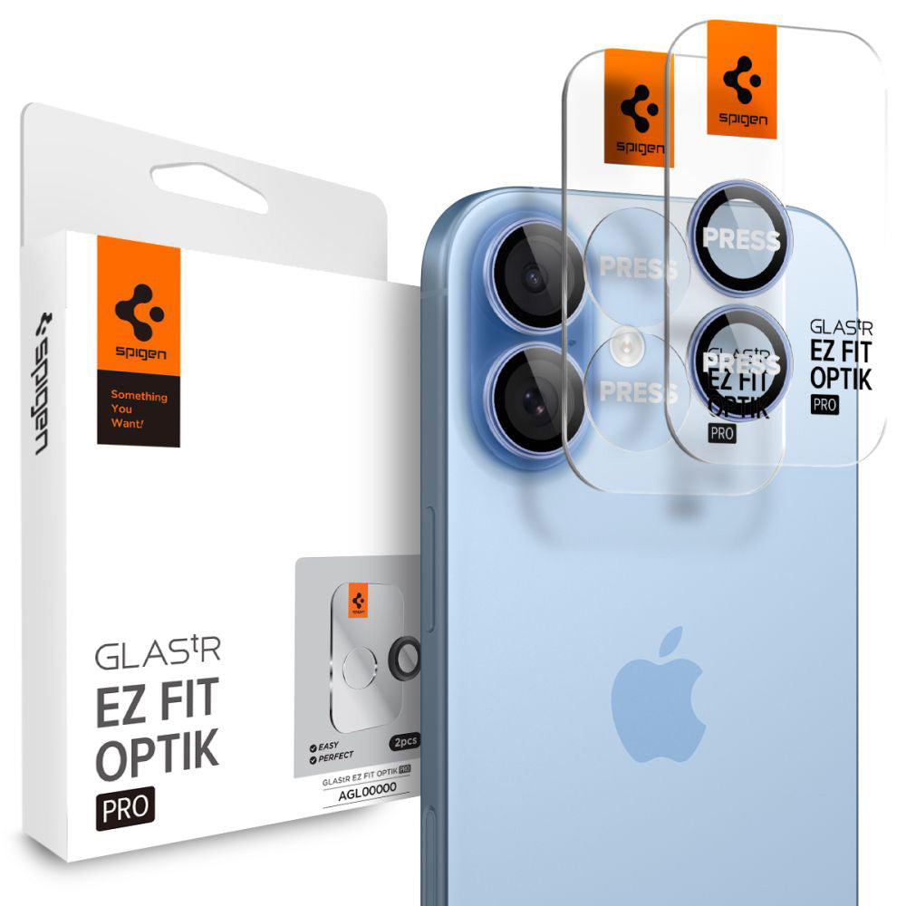 Zaščitna folija za zadnjo kamero Spigen GlastR EZ FIT Optik Pro za Apple iPhone 17 / 16 Plus / 16, kaljeno steklo, komplet 2 kosa, modra