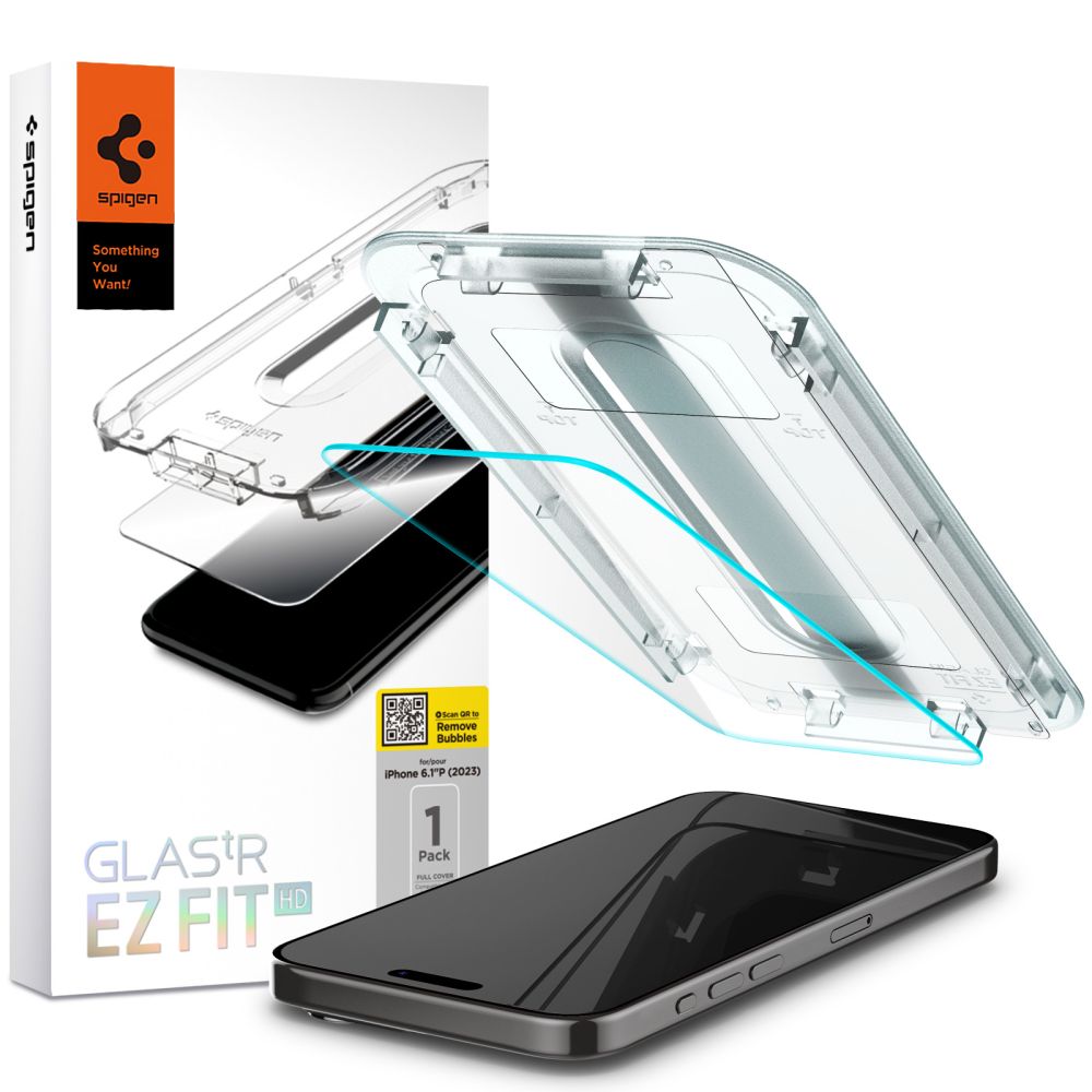 Zaščitna folija za zaslon Spigen GlastR EZ FIT HD za Apple iPhone 15 Pro, Kaljeno steklo, Polno lepilo, 2.5D AGL06898