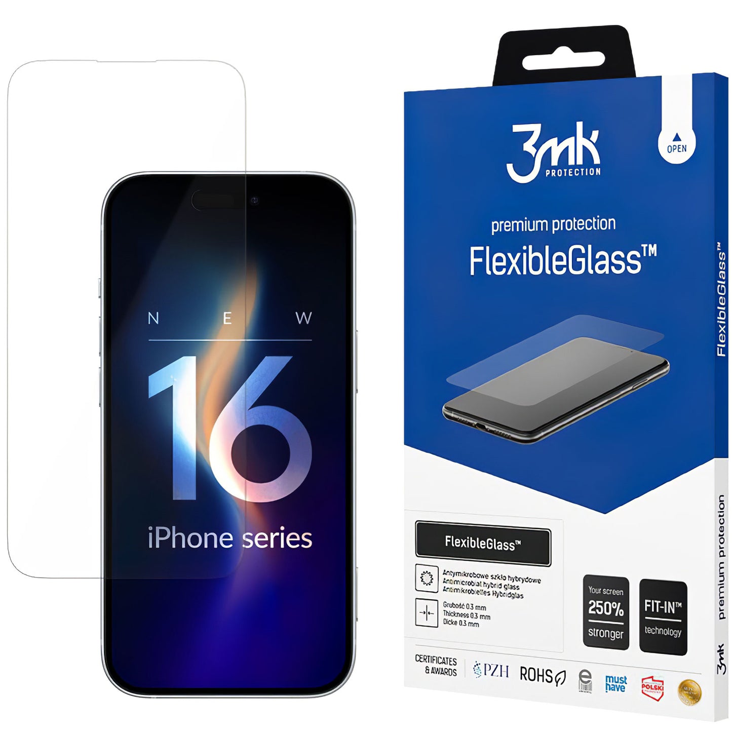 Zaščitna folija za zaslon 3MK FlexibleGlass za Apple iPhone 16, fleksibilno steklo, polno lepilo