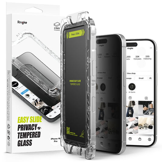 Zaščita zaslona za zasebnost Ringke Easy Slide Screen Protector za Apple iPhone 16 Pro, zaščiteno steklo, polno lepilo, komplet 2 kosa