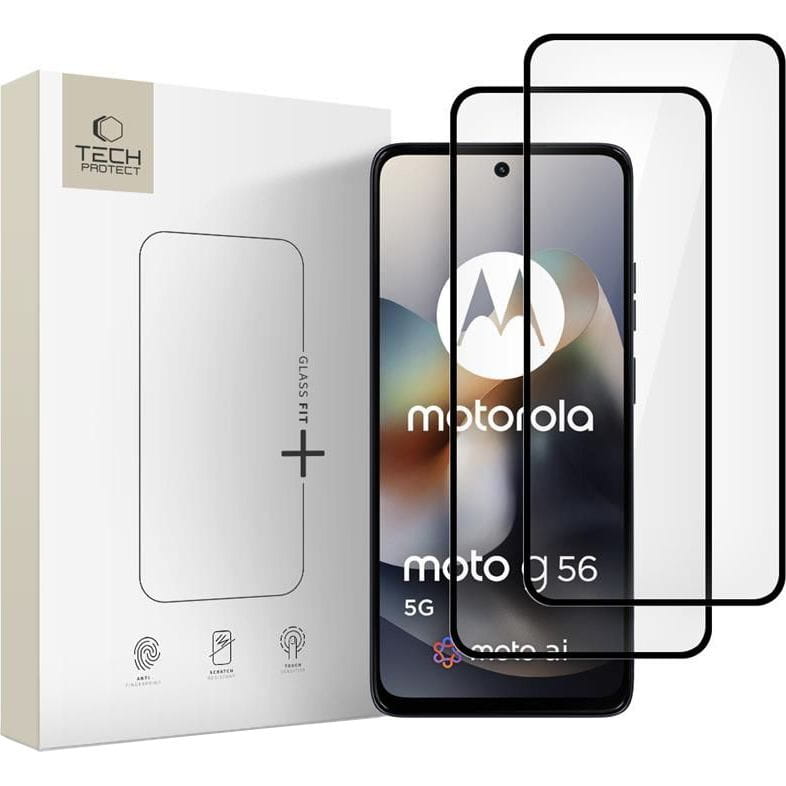 Zaščitna folija za zaslon Tech-Protect FIT+ za Motorola Moto G56, Kaljeno steklo, Polno lepljenje, Komplet 2 kosa, 2.5D, Črna