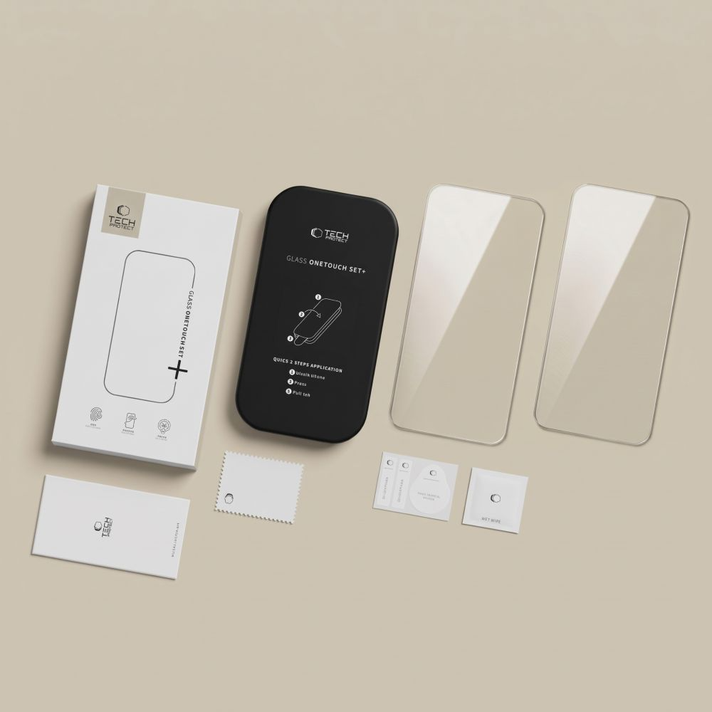 Zaščitna folija za zaslon Tech-Protect OneTouch za Apple iPhone 18 Pro / 17 Pro, kaljeno steklo, polno lepilo, komplet 2 kosa, prozorna