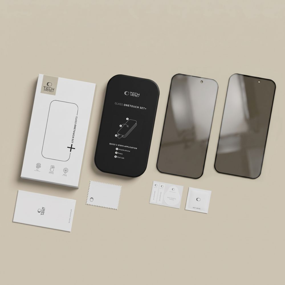 Zaščitna folija zaslona Privacy Tech-Protect OneTouch za Apple iPhone 18 Pro Max, kaljeno steklo, polno lepilo, komplet 2 kosa