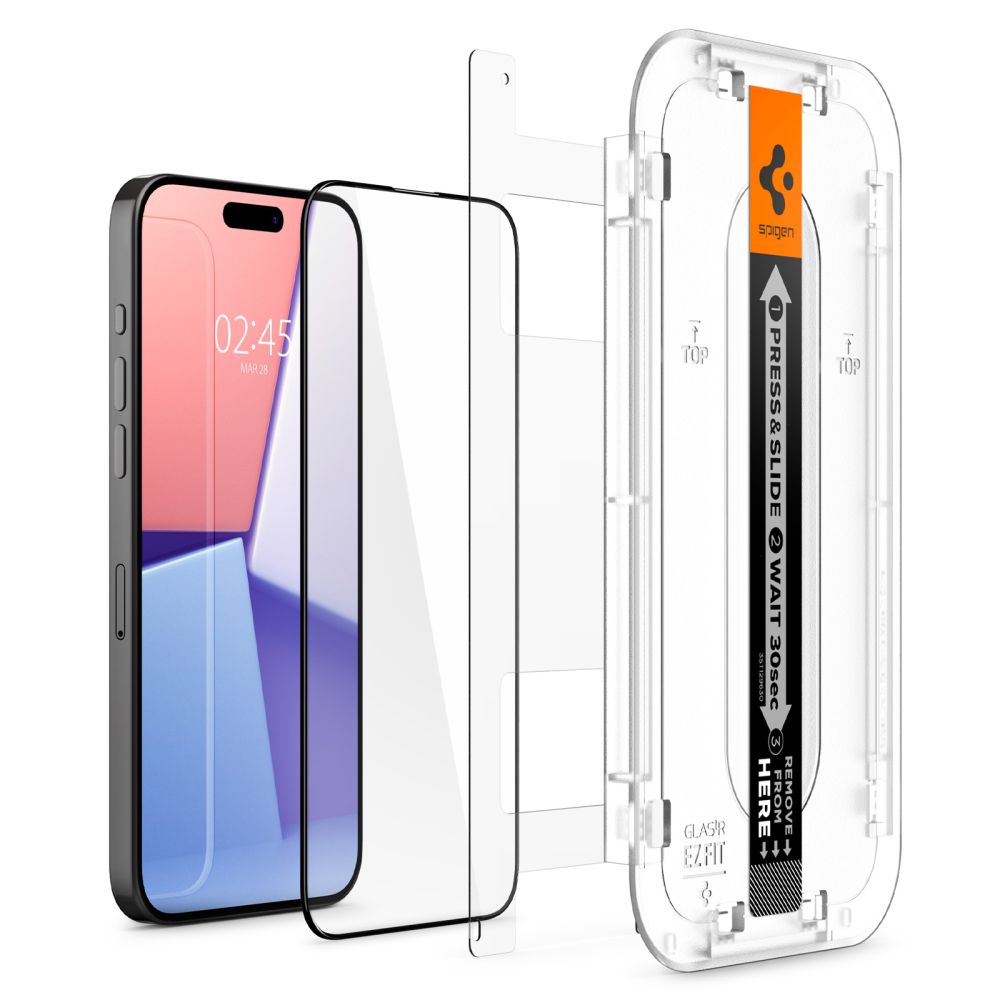 Zaščitna folija za zaslon Spigen GlastR EZ FIT HD za Apple iPhone 15, Kaljeno steklo, Polno lepilo, 2.5D, Črna AGL06908