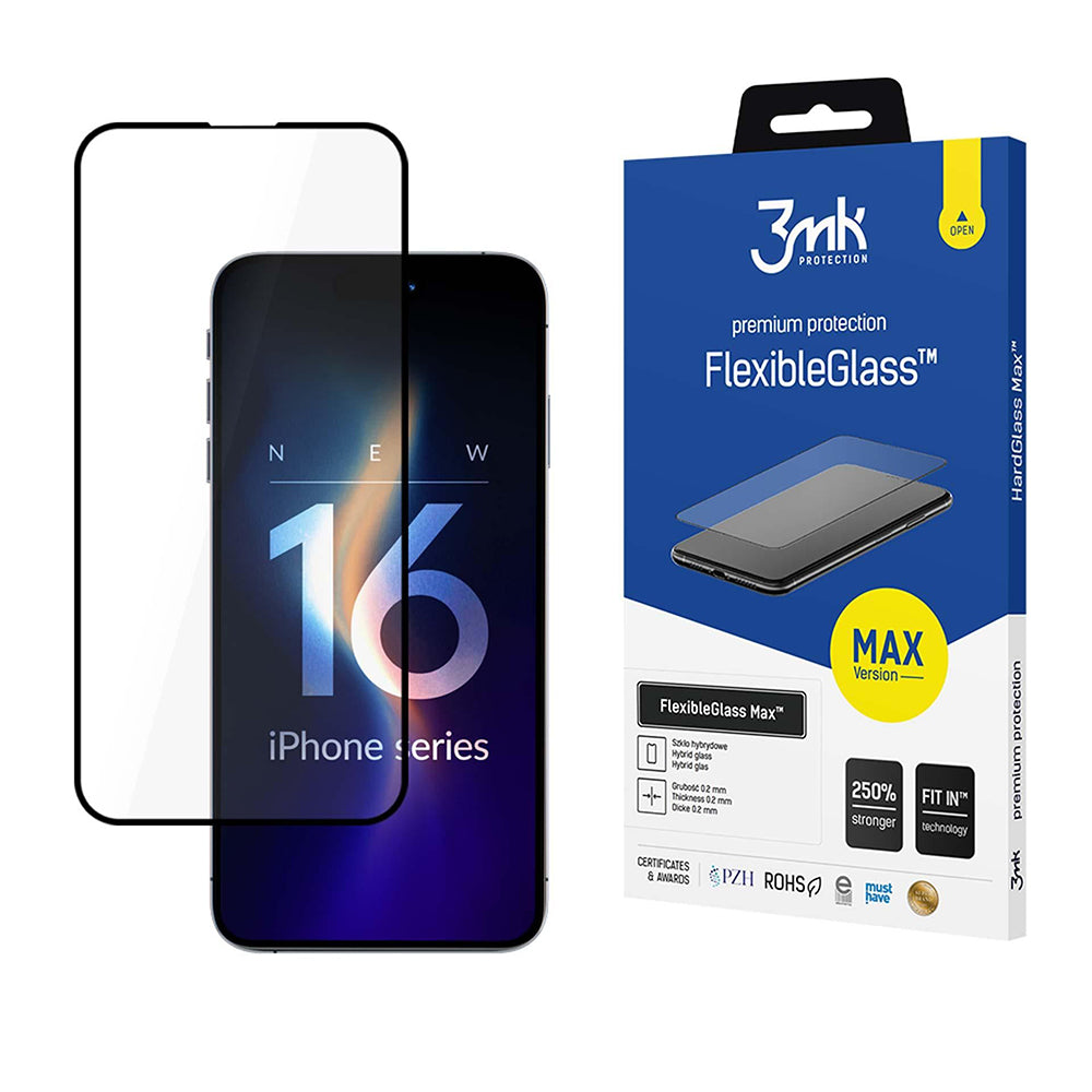 Zaščitna folija za zaslon 3MK FlexibleGlass Max za Apple iPhone 16 Pro, fleksibilno steklo, polno lepilo, črna