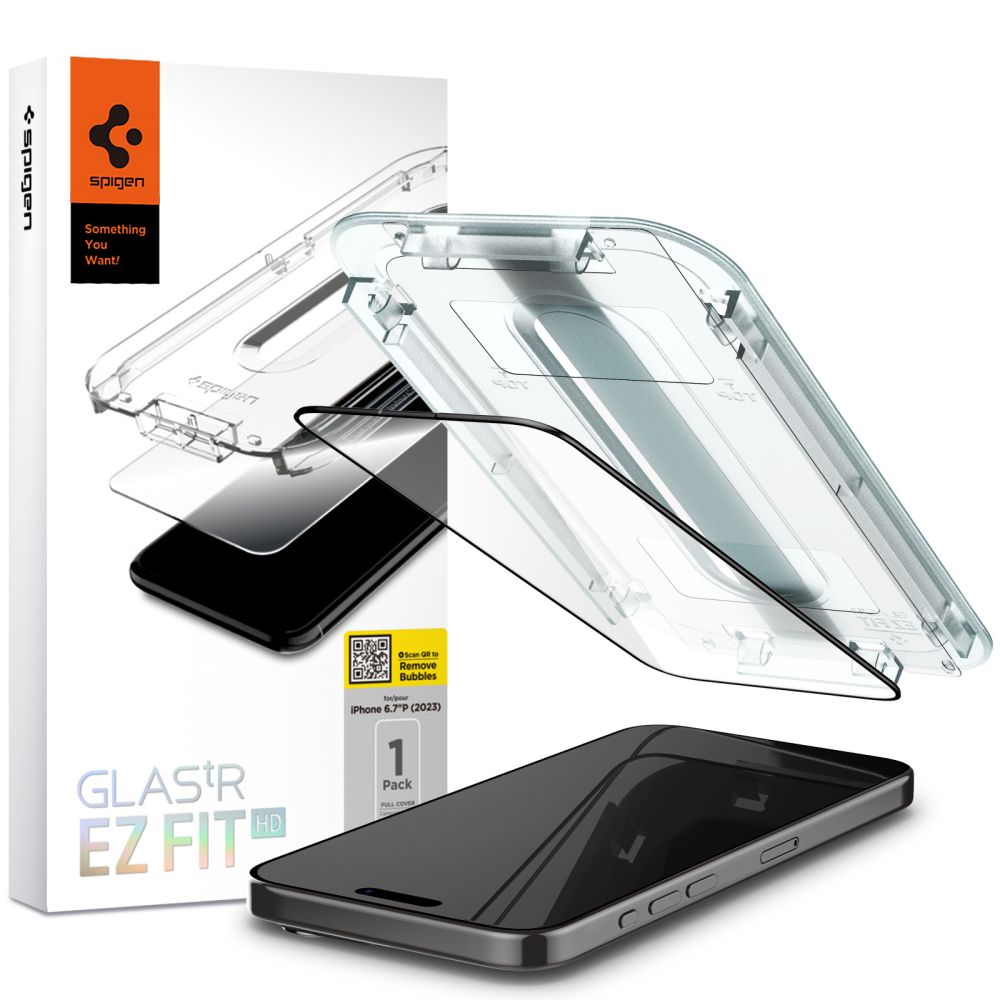 Zaščitna folija za zaslon Spigen GlastR EZ FIT HD za Apple iPhone 15, Kaljeno steklo, Polno lepilo, 2.5D, Črna AGL06908