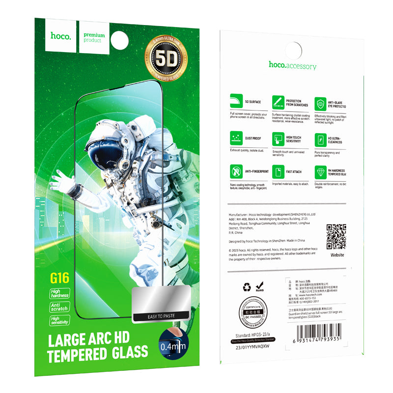 Zaščitna folija za zaslon HOCO G16 za Apple iPhone 14 Pro, Kaljeno steklo, Polno lepljenje, 5D, Črna