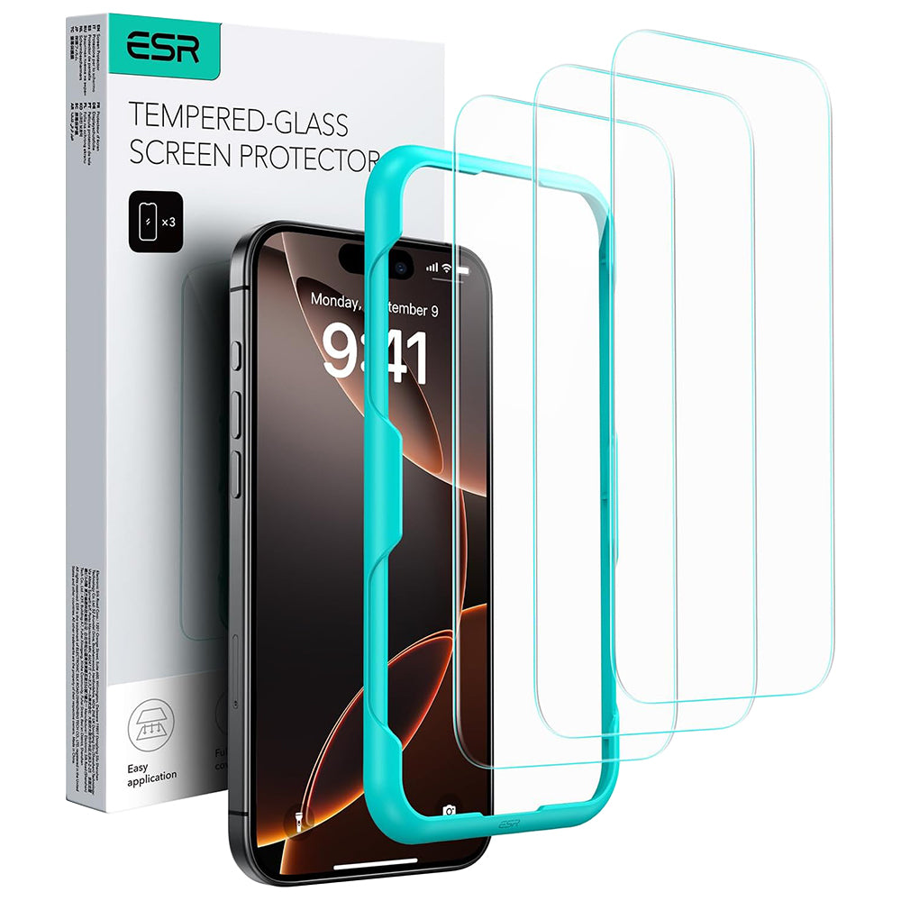 Zaščitna folija ESR za zaslon Apple iPhone 17 / 16 Pro, Kaljeno steklo, Polno lepljenje, Set 3 kosi, Črna