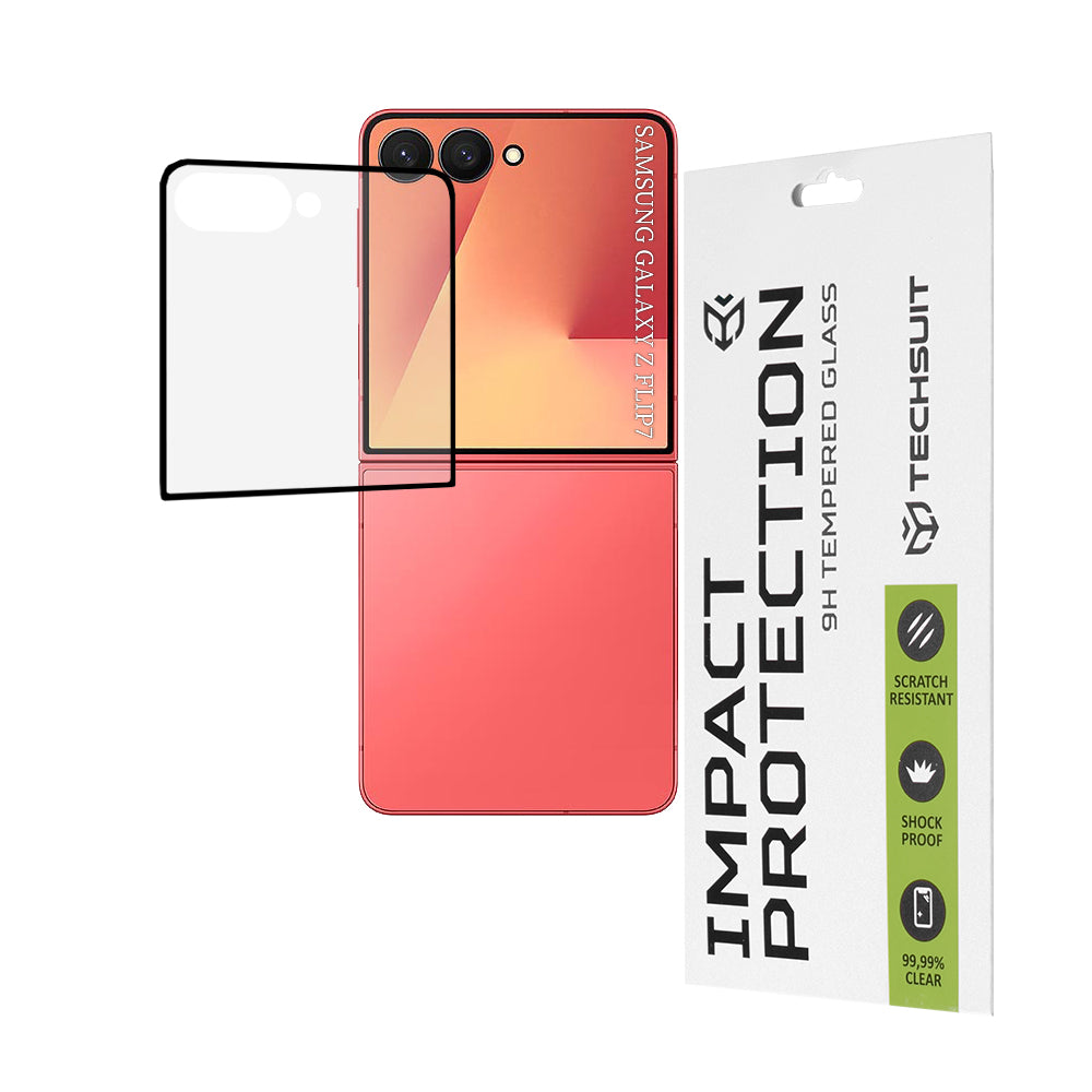 Zaščitna folija za zunanji zaslon Techsuit za Samsung Galaxy Z Flip7 F766, kaljeno steklo, polno lepilo, 111D, črna