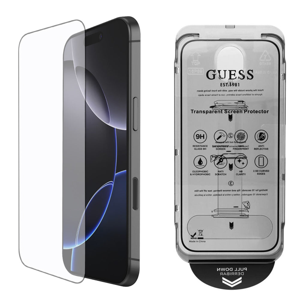 Zaščitna folija za zaslon Guess Classic Outline za Apple iPhone 16 Pro, Kaljeno steklo, Polno lepljenje, 2.5D, Črna