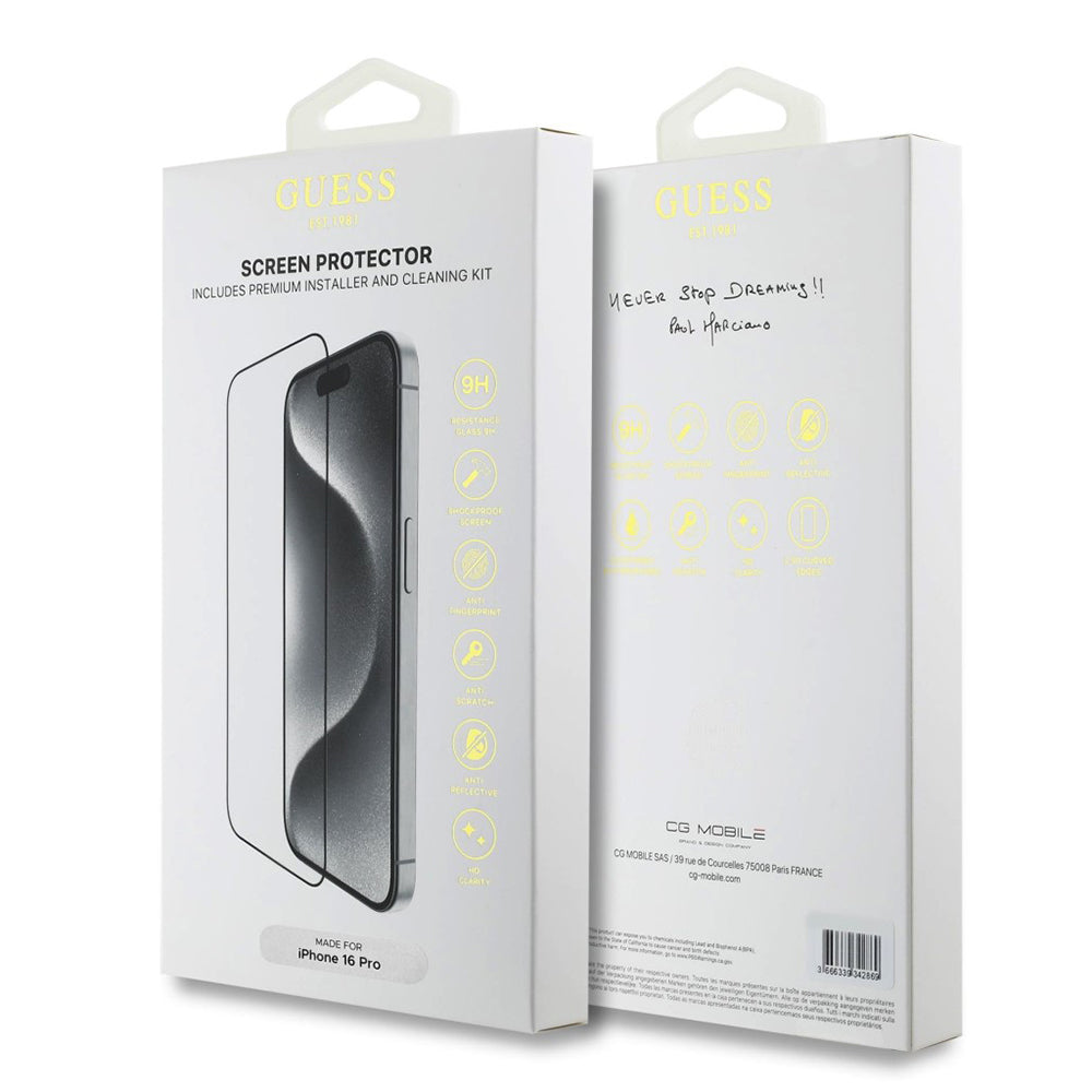 Zaščitna folija za zaslon Guess Classic Outline za Apple iPhone 16 Pro, Kaljeno steklo, Polno lepljenje, 2.5D, Črna