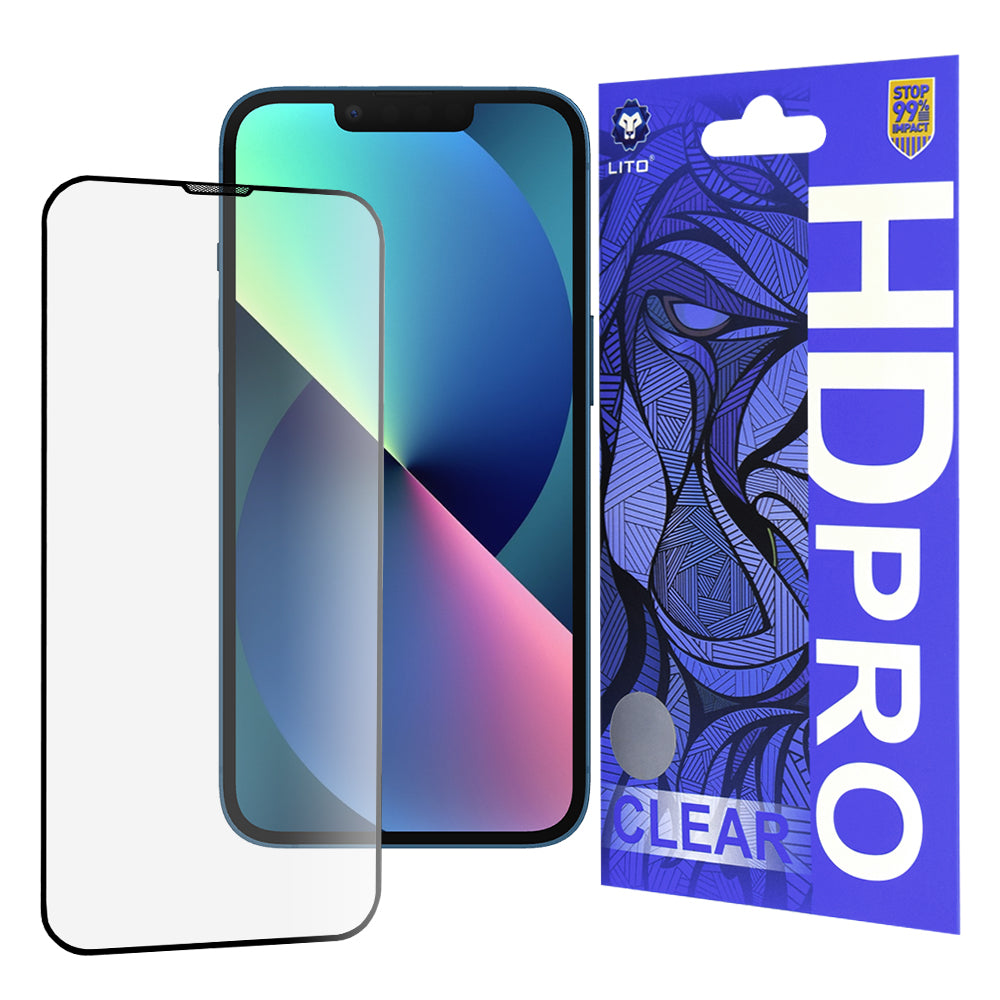 Zaščitna folija zaslona Lito HD Pro Clear za Apple iPhone 17e / 16e / 14 / 13 Pro, kaljeno steklo, polno lepilo, črna
