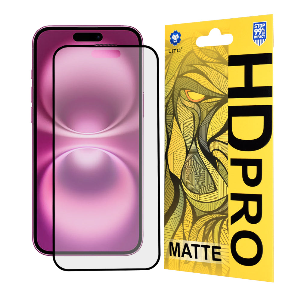 Mat zaščitna folija za zaslon Lito HD Pro za Apple iPhone 16 Plus, kaljeno steklo, polno lepilo, črna