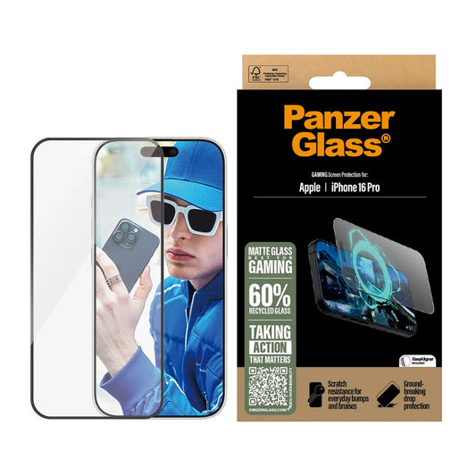 Zaščitna folija za zaslon Matte PanzerGlass Ultra-Wide Fit Gaming za Apple iPhone 16 Pro, Kaljeno steklo, Polno lepljenje, Črna