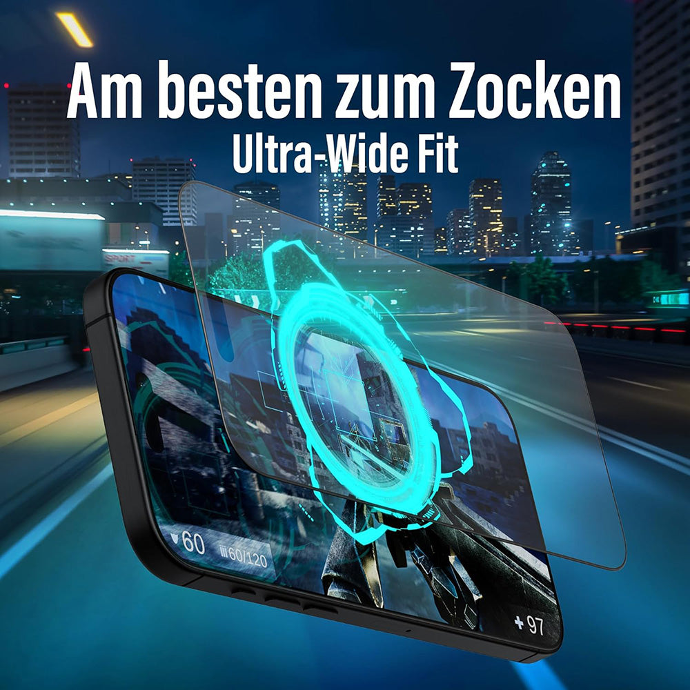 Zaščitna folija za zaslon Matte PanzerGlass Ultra-Wide Fit Gaming za Apple iPhone 16 Pro, Kaljeno steklo, Polno lepljenje, Črna