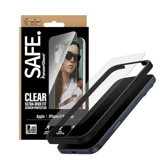 Zaščitna folija za zaslon PanzerGlass Safe. Ultra-Wide Fit EasyAligner za Apple iPhone 17 Pro Max, Kaljeno steklo, Full Glue.