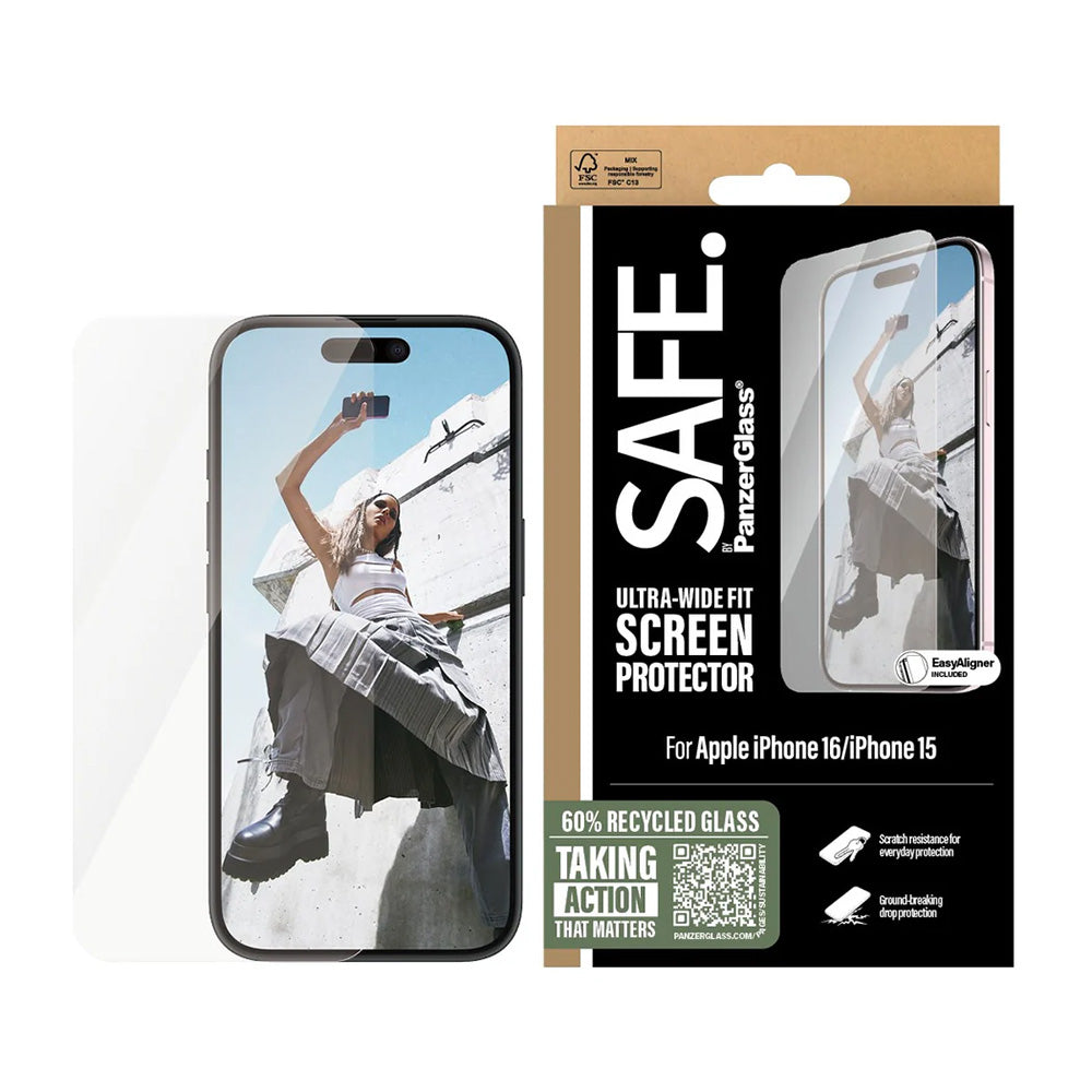 Zaščitna folija za zaslon PanzerGlass Safe. Ultra-Wide Fit za Apple iPhone 16 / 15, Kaljeno steklo, Full Glue.