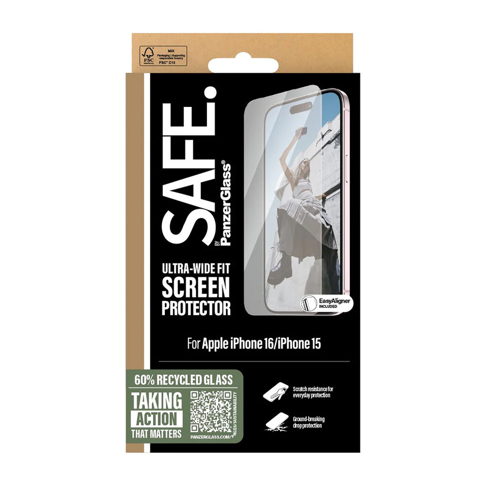 Zaščitna folija za zaslon PanzerGlass Safe. Ultra-Wide Fit za Apple iPhone 16 / 15, Kaljeno steklo, Full Glue.